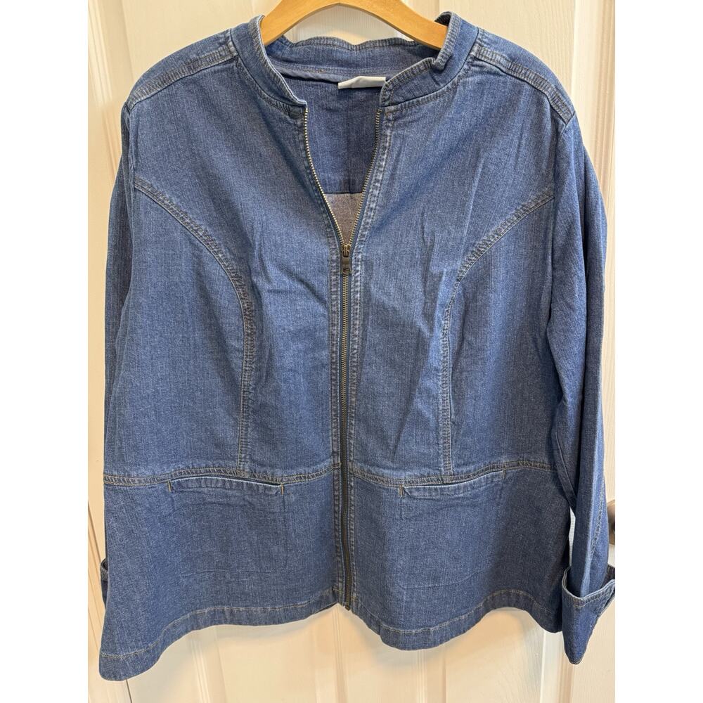 Denim Co 1X Denim Jacket Stretch Zip Front Split Cuff Pockets Med Wash New